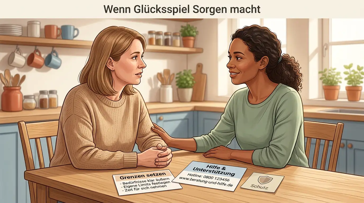 Zwei Personen im ruhigen Gespräch mit Notizkarte, Schutzsymbol und klaren Grenzen