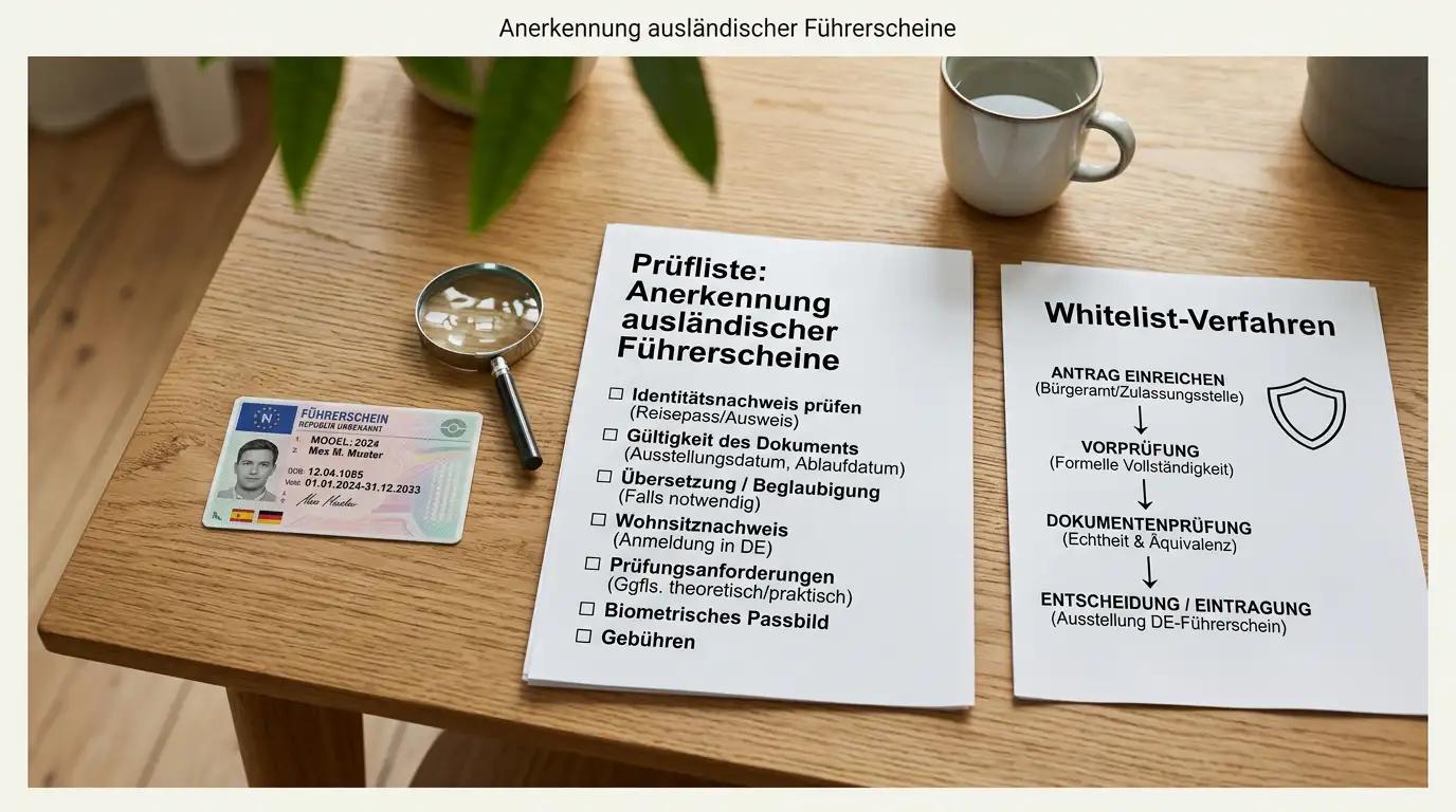Vergleich zwischen ausländischer Lizenz, deutscher Erlaubnis und amtlicher Prüfliste