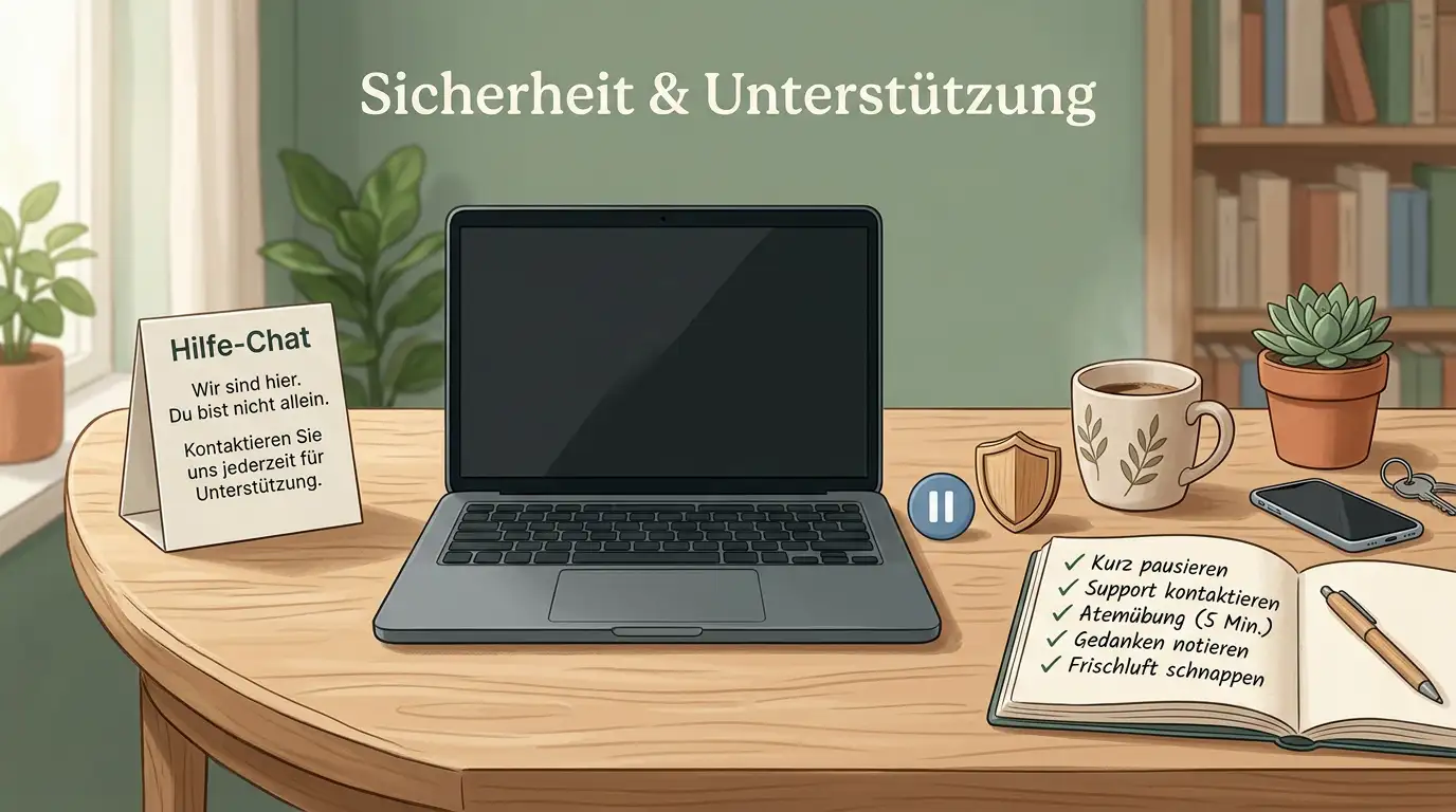 Ruhige Entscheidungshilfe mit Pause, Schutzschild und Beratungsnotiz bei starkem Spielwunsch