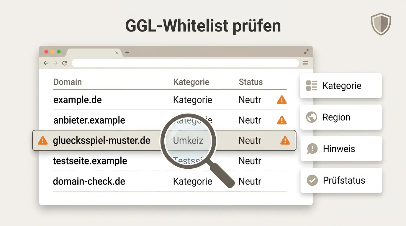 Amtliche Prüfliste für Online-Glücksspiel mit Lupe und Schutzsymbol