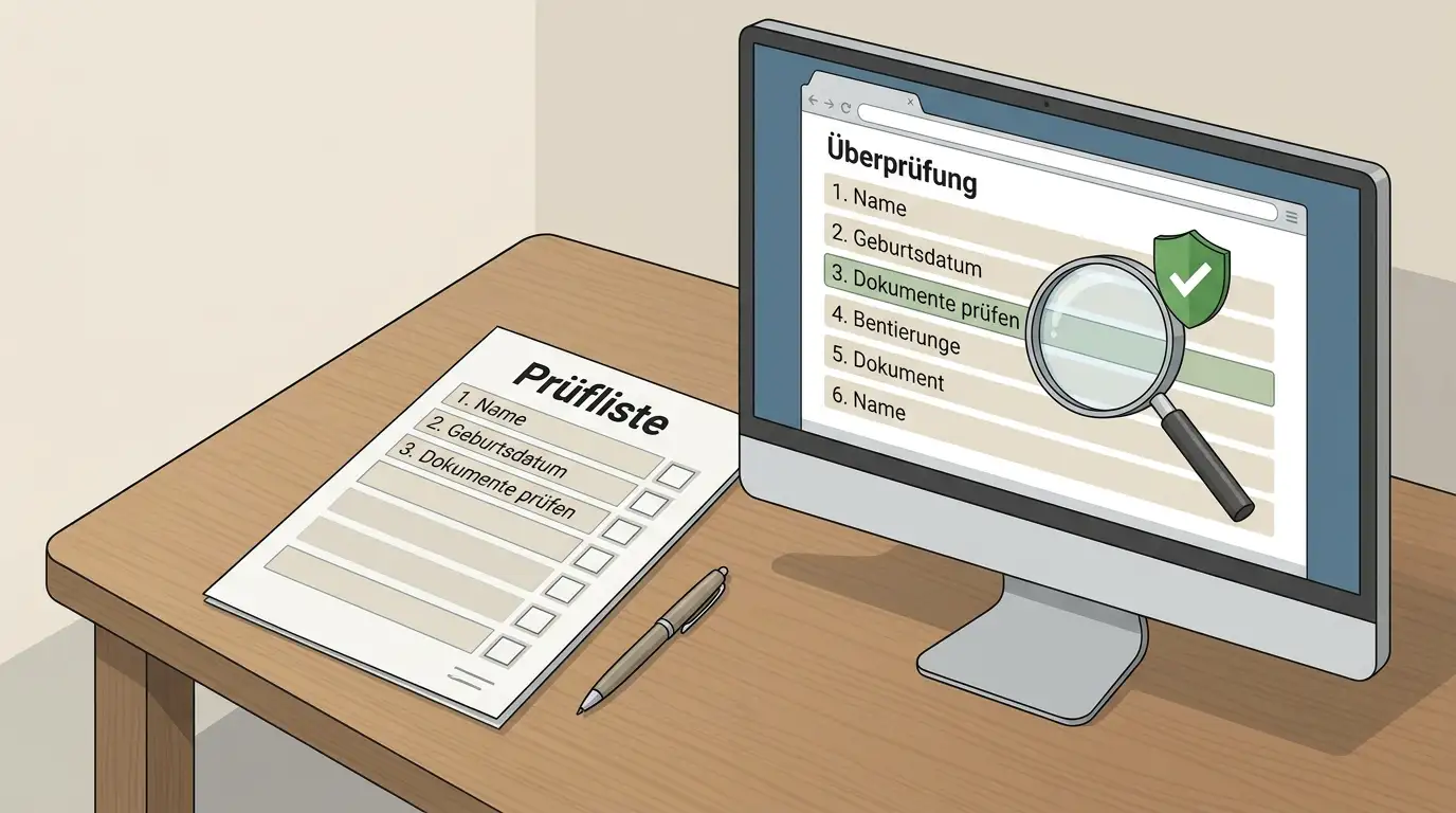 Schrittweise Prüfung einer Anbieterübersicht mit Lupe und Schutzsymbol