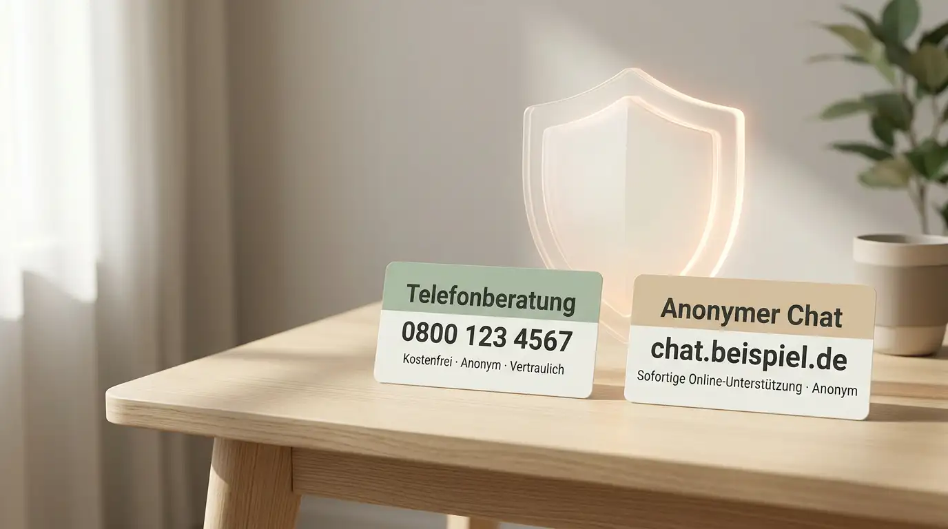 Ruhige Hilfekarte mit Telefonnotiz, Beratungssymbol und geschütztem Gespräch