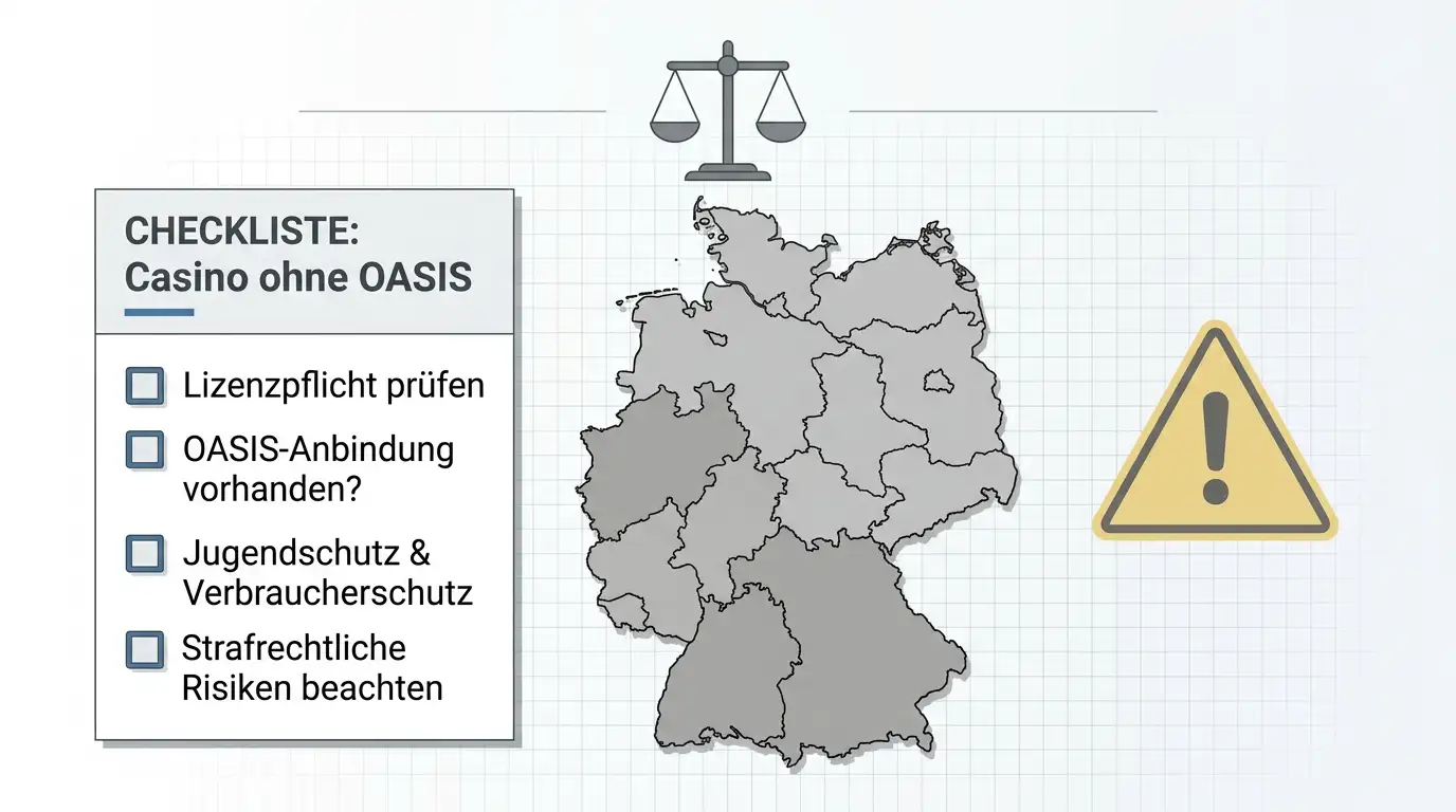 Rechtliche Orientierung zu Online-Glücksspiel mit amtlicher Liste und Warnsymbol