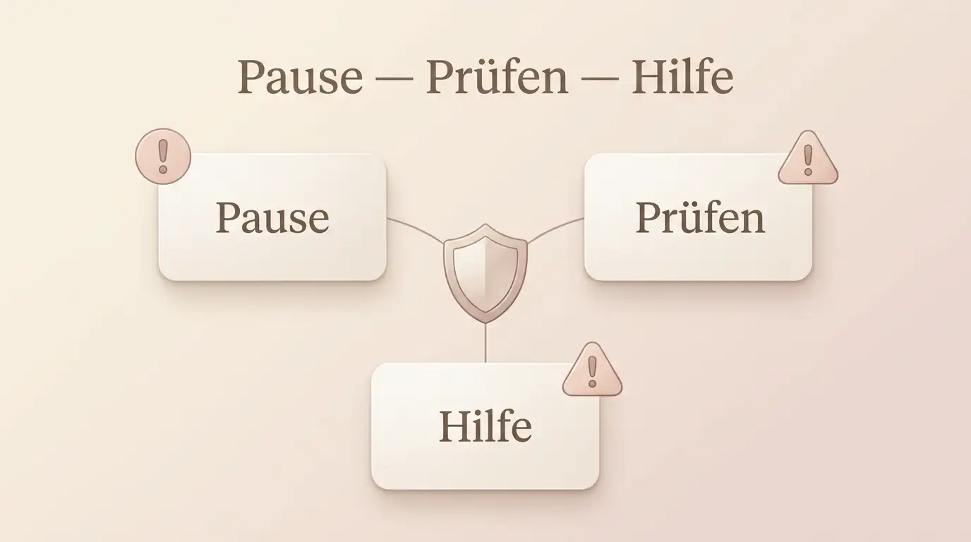 Entscheidungspfad mit Pause, Prüfung und Hilfe als sichere nächste Schritte