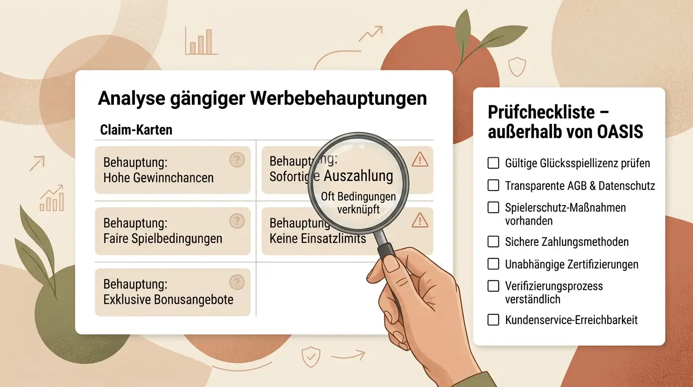 Prüftabelle mit Werbeaussagen, Warnsymbolen und offizieller Checkliste
