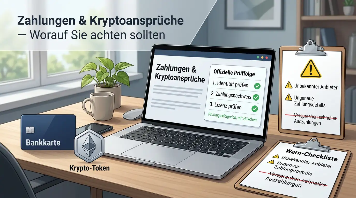 Zahlungsübersicht mit Warnhinweisen, Prüfliste und Schutzsymbol